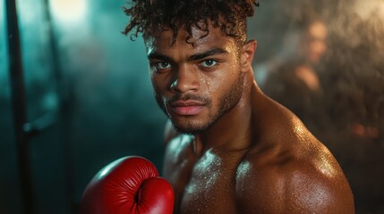 An intense portrait of a boxer exudes strength and determination, with sweat glistening on his skin, revealing the passion and hard work behind the sport.