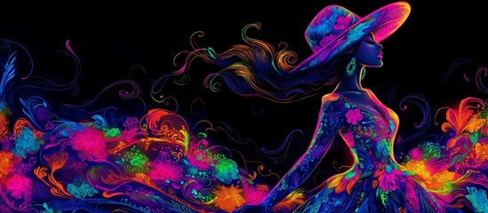 A neon portrait of a Mexican folkloric dancer in traditional clothing and a sombrero dancing a cultural dance in Mexico during Day of the Dead holiday