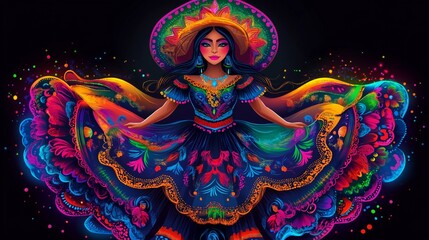 Fototapeta premium A neon portrait of a Mexican folkloric dancer in traditional clothing and a sombrero dancing a cultural dance in Mexico during Day of the Dead holiday