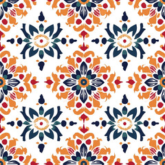 Simple Rangoli Seamlesspattern Colorful floral pattern with intricate designs in orange, navy, and white, suitable for textiles or wallpapers.
