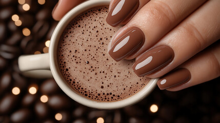 mocha mousse coloured nail ploish with mocha mousse coffee cup.