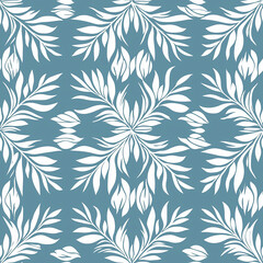 Simple Rangoli Seamlesspattern Elegant floral pattern featuring white leaves on a soft blue background, perfect for textile or wallpaper design.