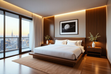 Fototapeta premium A photo of minimalistic bedroom interior design: A large bed sitting in a bedroom next to a window.