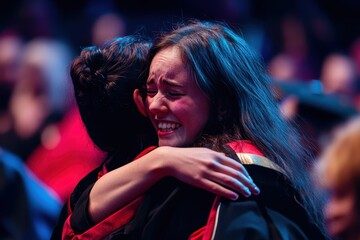 Naklejka premium Emotional graduation celebration during a ceremony with joyful graduates embracing