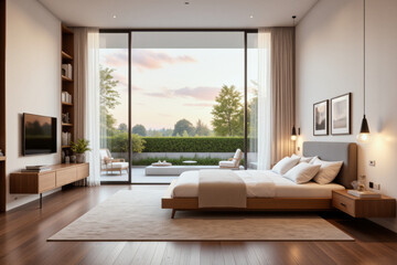 Fototapeta premium A photo of minimalistic bedroom interior design: A bedroom with a large bed and a large window.