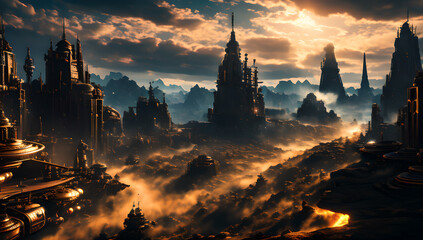 Naklejka premium Bright sleigh under gray mountain peaks Mystical mountain range shrouded in fog. Atmospheric epic landscape High quality 4k. generative ai