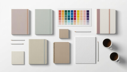 Creative workspace organization notebooks palette coffee minimalist desk aesthetic view