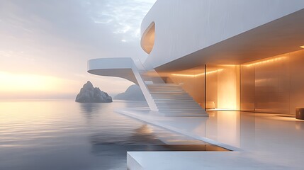 Modern minimalist oceanfront house with sunset view, infinity pool, and sleek staircase.
