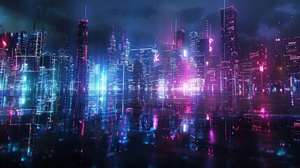 Obraz premium Futuristic cyberpunk cityscape reflecting on water at night, with neon lights and digital grids, creating a stunning visual