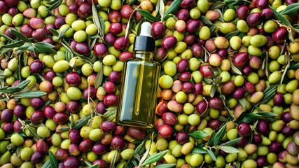 Olive essential oil in a bottle. Selective focus. Nature.