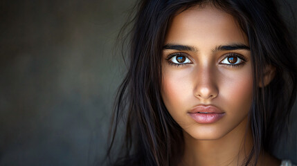 Obraz premium Close-up Portrait of a Young Woman with Long Dark Hair