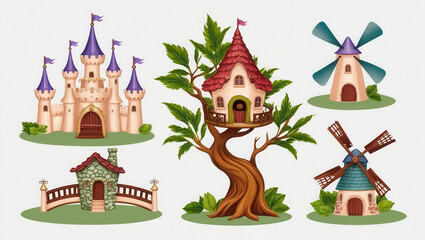 Fantasy castle and windmill illustrations enchanted forest digital art whimsical view