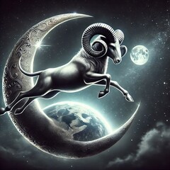 Ram Leaping Over Moon A silver ram leaping over a crescent moon