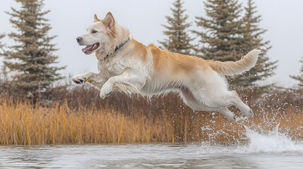 Labrador Retriever joyfully jumps into lake, splashing water in serene dog park surrounded by tall grass and trees. scene captures essence of playfulness and freedom