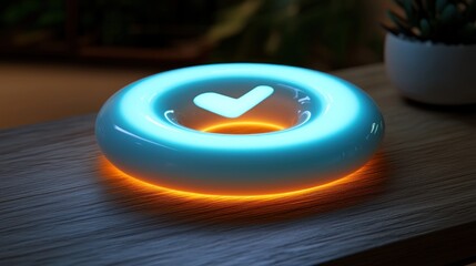 Glowing Teal Ring with Checkmark on Wooden Surface