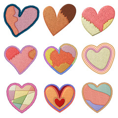 A collection of artistic embroidered heart patches featuring various vibrant patterns, textures, and colors displayed on a black background.
