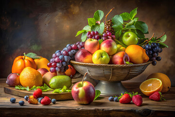 Still life with fresh fruits on a wooden table. Selective focus