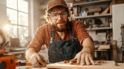 A man with glasses and a cap works meticulously on a wooden piece, representing the artistry and precision involved in woodworking within a creative workspace.