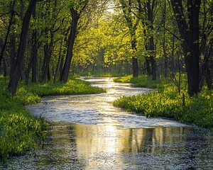 Sunlit stream meandering through lush green forest.