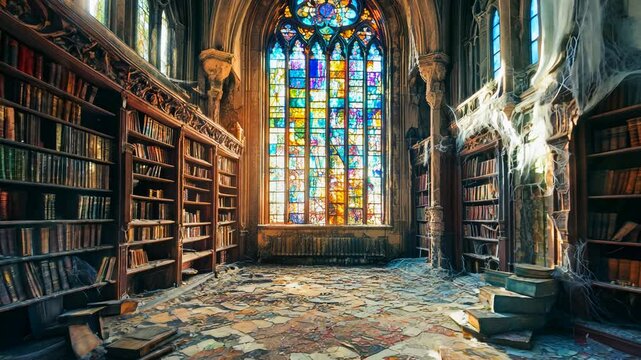 A grand, abandoned castle library with dusty tomes, cobwebs, and a large stained glass window casting colorful light onto the stone floor