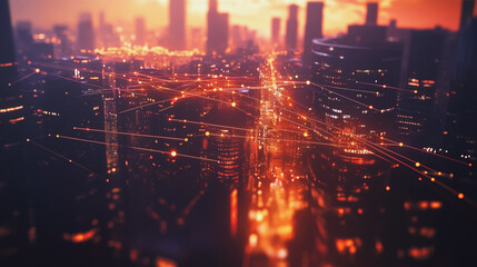 Fototapeta premium Abstract business team stands on the peak of success amid tall, innovative Smart city and graphs with statistics to analyze business potential and predict future developments in company growth.