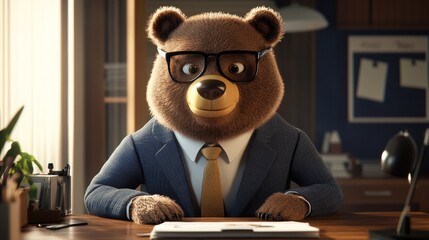 A cartoon bear in a suit and glasses sits at a desk in a professional office. This whimsical image blends humor with themes of business and productivity.