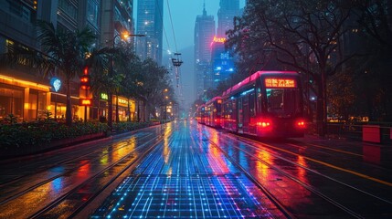 Urban scene with neon reflections on wet pavement.