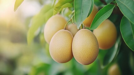 Ripe Sapodilla fruits hanging on tree branch.