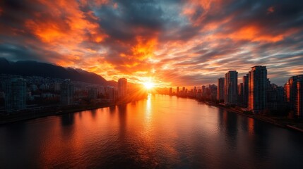 Fototapeta premium A captivating sunset illuminates the skyline with vibrant colors, emphasizing the balance between urban architecture and the encompassing natural landscape by the water.