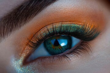 Fototapeta premium Close-up of a decorative eye makeup featuring vibrant orange and green hues for a striking look