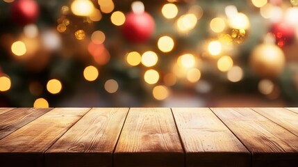 Christmas ornament, wooden table, bokeh lights, warm glow, festive atmosphere, shallow depth of field, holiday decor, blurred background, cozy setting, soft focus, rustic wood texture, magical ambianc