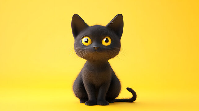 Cute black cat with large yellow eyes on a yellow background.