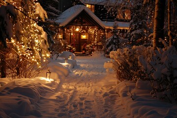 Fototapeta premium Decorated New Year houses with Santa Claus nearby, carrying festive gifts.