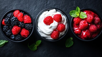 An inviting display of three bowls containing whipped creamy delights topped with vibrant...