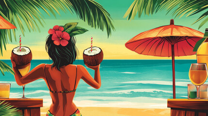 Cocktail party posters with woman holding coconuts with straws and umbrella on sea beach. Vector flyers with cartoon illustration of girl with exotic tropical cocktails and wooden bar