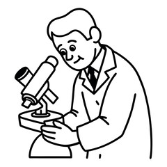 Scientist focusing on a microscope simple line drawing illustration