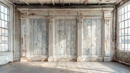 Rustic interior with weathered wooden walls.