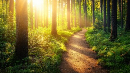 Obraz premium Close up view of a green forest with a beautiful and quiet dirt path background wallpaper AI generated image