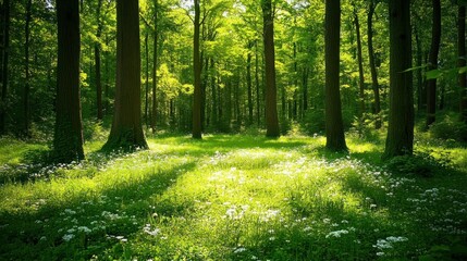 Obraz premium A quiet forest bathed in sunlight, surrounded by tall trees with green leaves, background wallpaper AI generated image