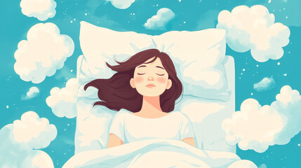 How to create a better sleep cartoon ad poster. Young woman lying on pillows in bed top view, dormant girl nap at home or hotel, relaxing and sleeping with fluffy clouds around, vector illustration