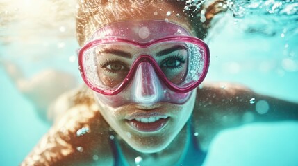 Naklejka premium An exhilarating underwater moment of a diver wearing a mask and enjoying the ocean's beauty, showcasing the thrill of adventure and the wonders of marine life.