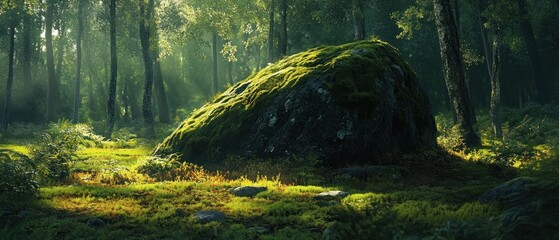 A large mossy rock in the middle of the forest surrounded by tall trees, background wallpaper AI generated image
