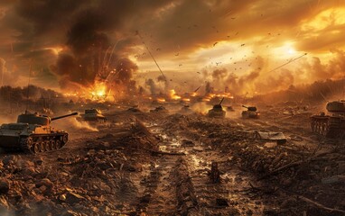 modern battlefield, tanks and soldiers moving 