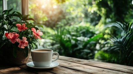 A inviting cup of coffee rests on a rustic table, adorned with vibrant flowers and lush greenery, inviting warmth and comfort in a serene indoor environment.
