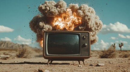 Six captivating images feature a vintage television exploding dramatically in the desert, blending retro aesthetics with powerful visual storytelling of chaos and transformation.