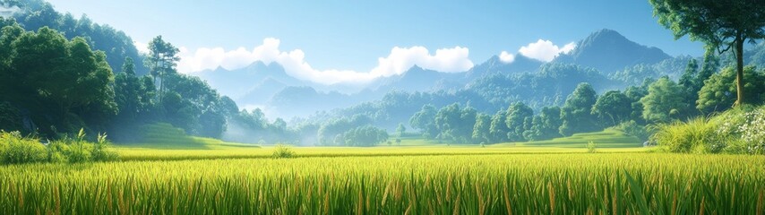 Obraz premium Vast expanses of rice fields with a backdrop of towering forested mountains background wallpaper AI generated image