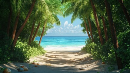 Lush green palm trees stretch along the pristine shoreline background wallpaper AI generated image