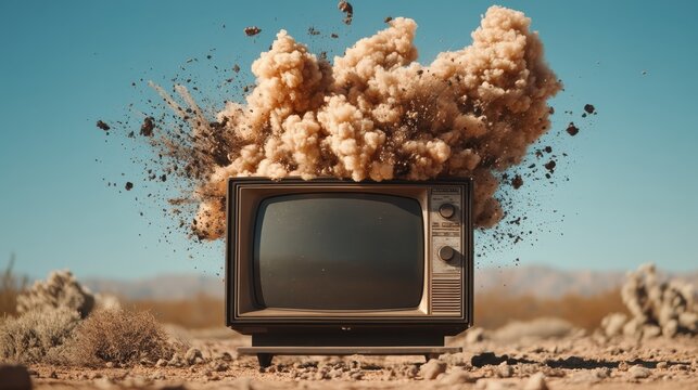 A striking image shows a vintage television set exploding in an arid landscape, representing the clash between nostalgia and destructive force amidst beautiful chaos.