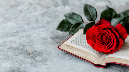 A red rose rests on an open book, symbolizing love and knowledge against a soft, blurred background.