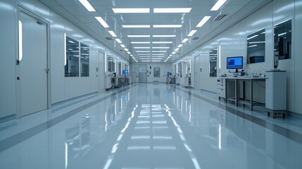 Cleanroom corridor with sterile environment.